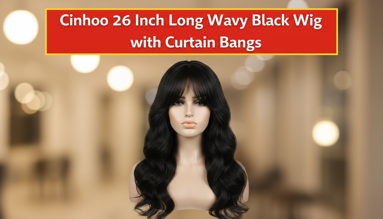 Cinhoo 26 Inch Long Wavy Black Wig with Curtain Bangs